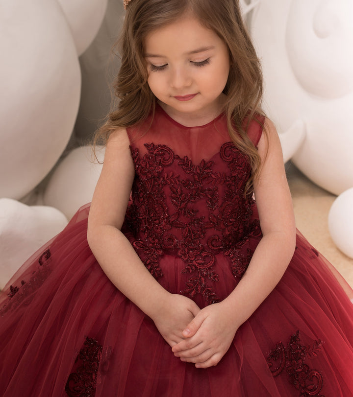 TinyTulle Burgundy Sleeveless Ball Gown Flower Girl Dress with Embroidery Appliqué