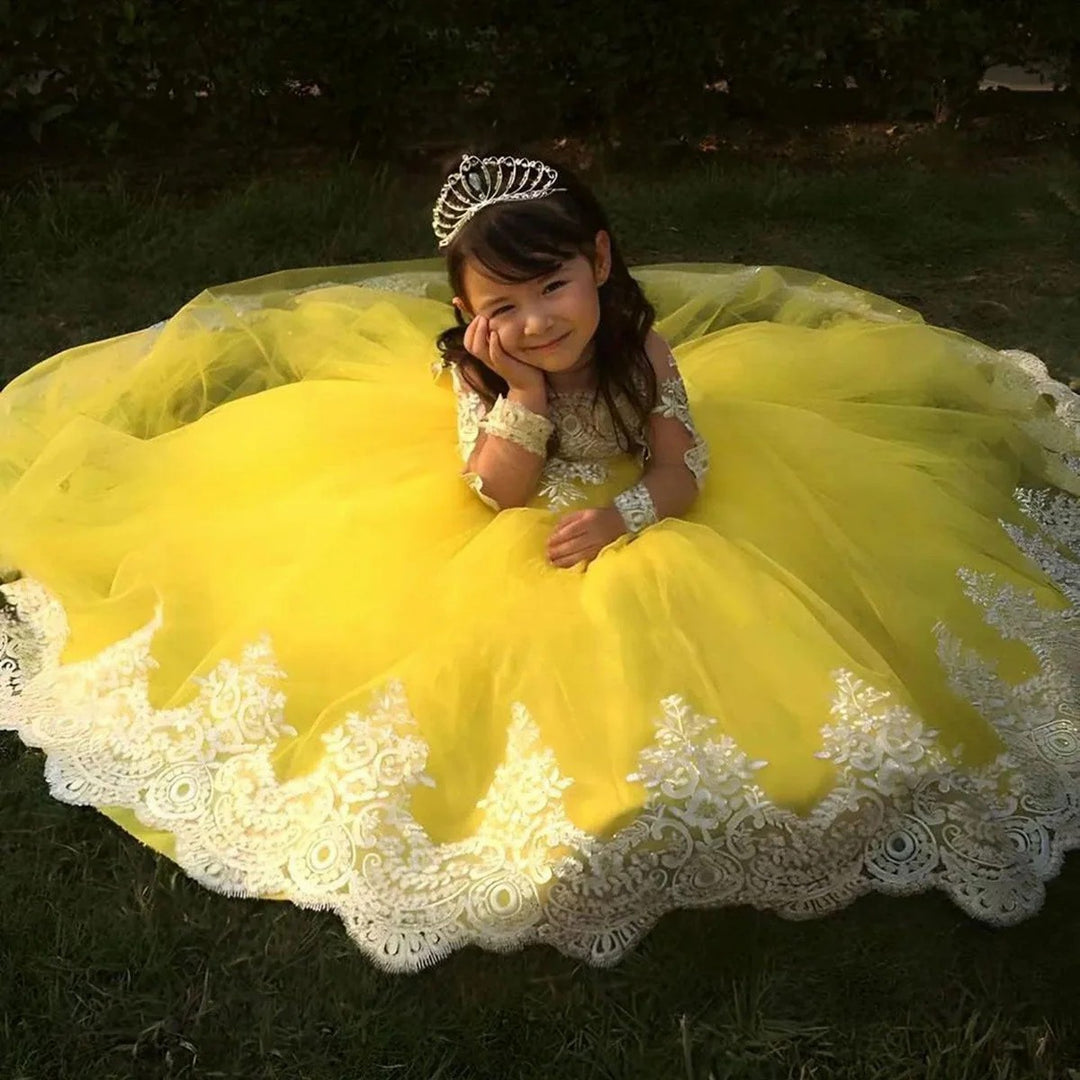TinyTulle White Lace Long Sleeve Yellow Tulle Flower Girl Dress with Elegant Chapel Train