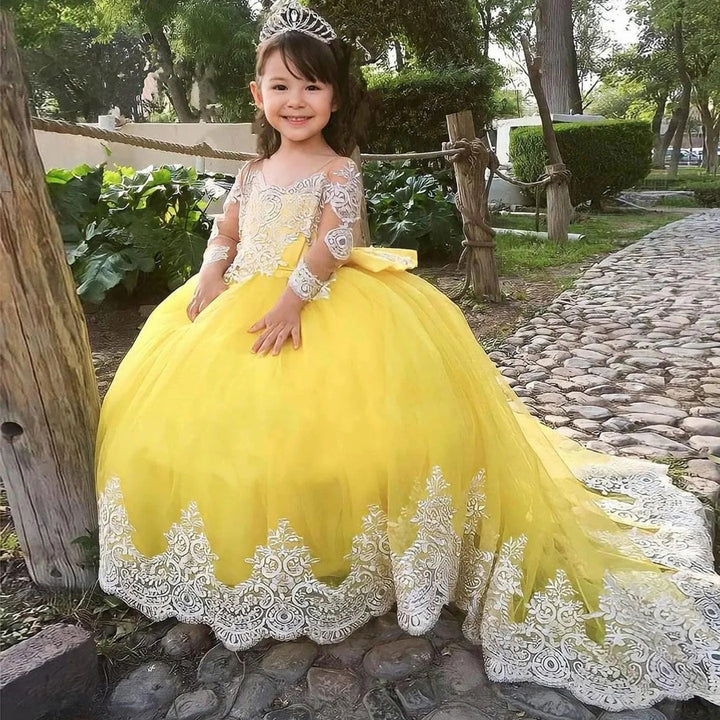 TinyTulle White Lace Long Sleeve Yellow Tulle Flower Girl Dress with Elegant Chapel Train