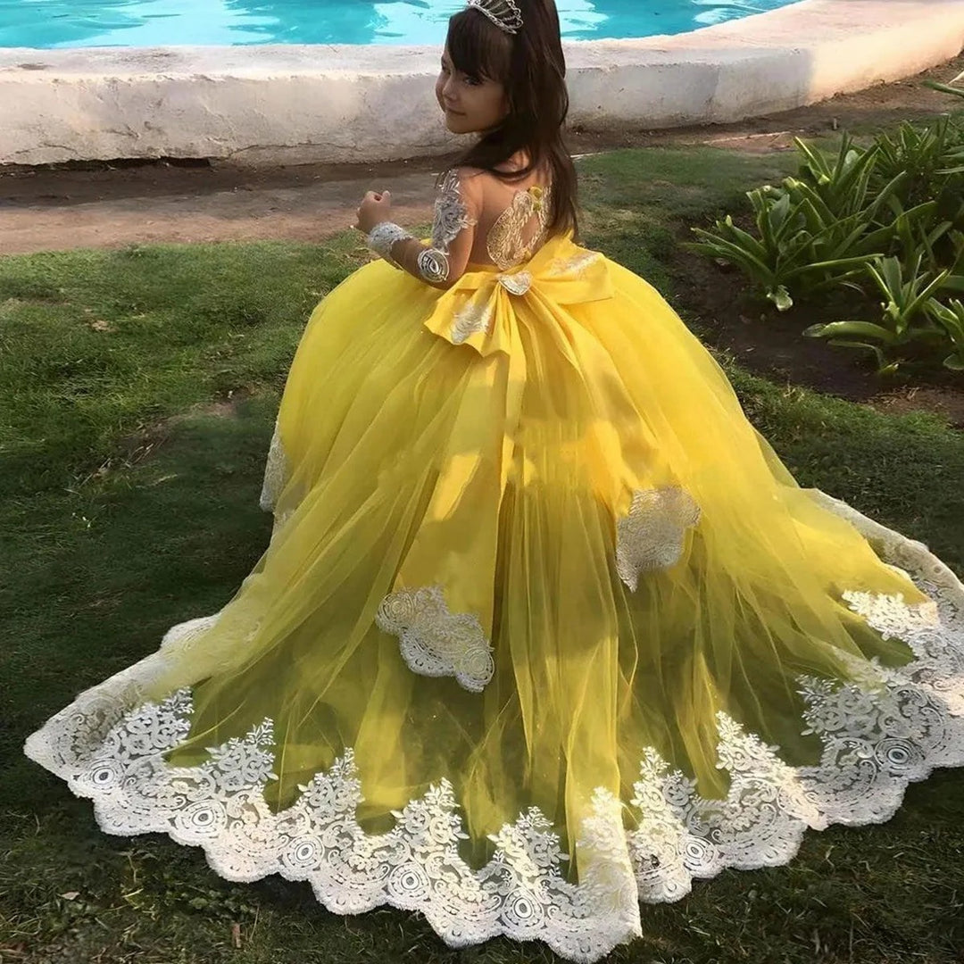 TinyTulle White Lace Long Sleeve Yellow Tulle Flower Girl Dress with Elegant Chapel Train