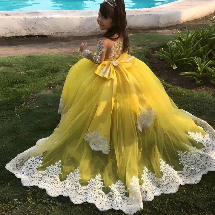 TinyTulle White Lace Long Sleeve Yellow Tulle Flower Girl Dress with Elegant Chapel Train