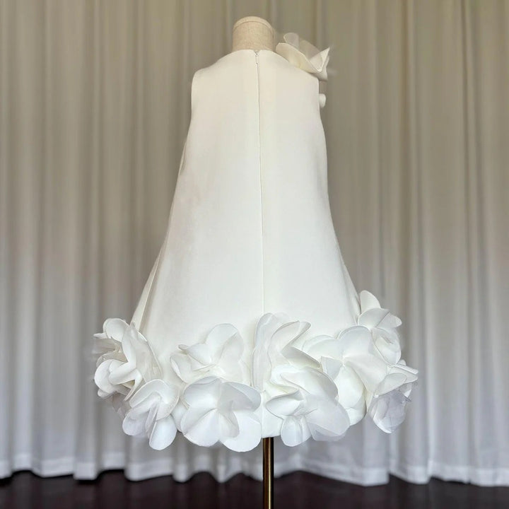 TinyTulle Elegant Ivory Satin Sleeveless Flower Girl Dress with Floral Details