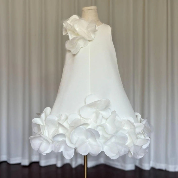 TinyTulle Elegant Ivory Satin Sleeveless Flower Girl Dress with Floral Details