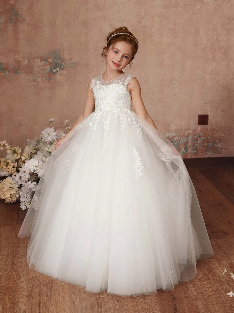 TinyTulle Elegant White Lace Applique Tulle Flower Girl Dress First Communion Dress
