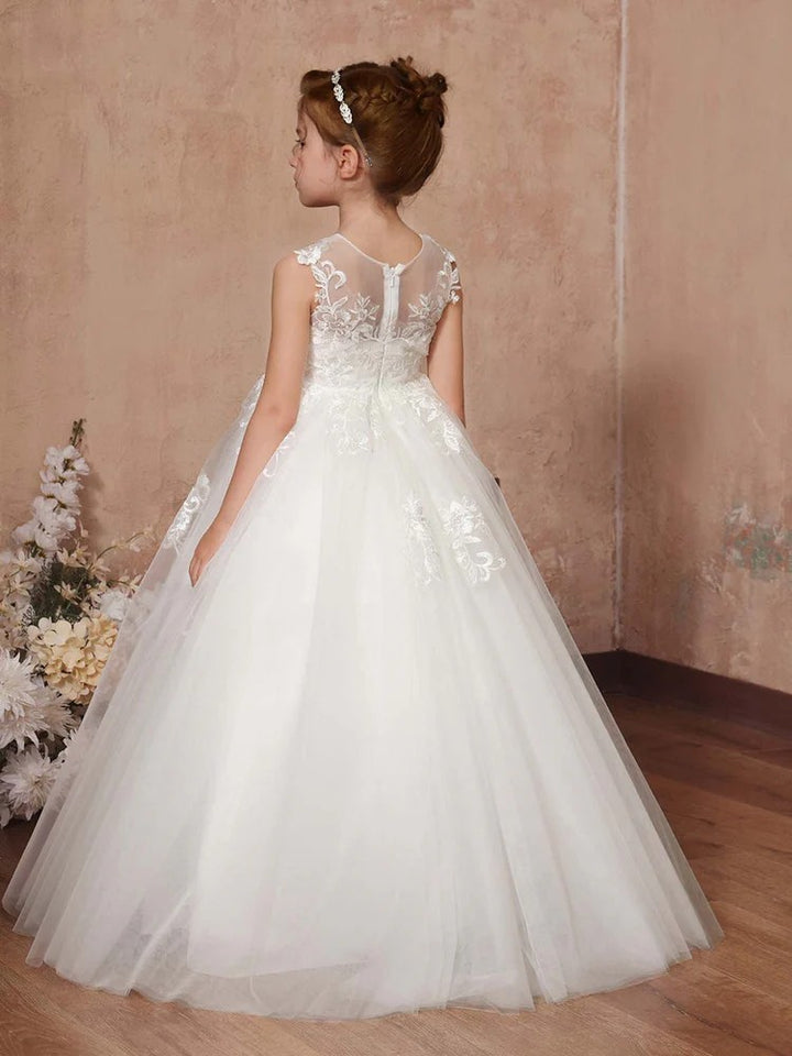 TinyTulle Elegant White Lace Applique Tulle Flower Girl Dress First Communion Dress