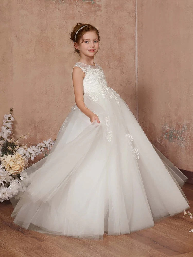 TinyTulle Elegant White Lace Applique Tulle Flower Girl Dress First Communion Dress