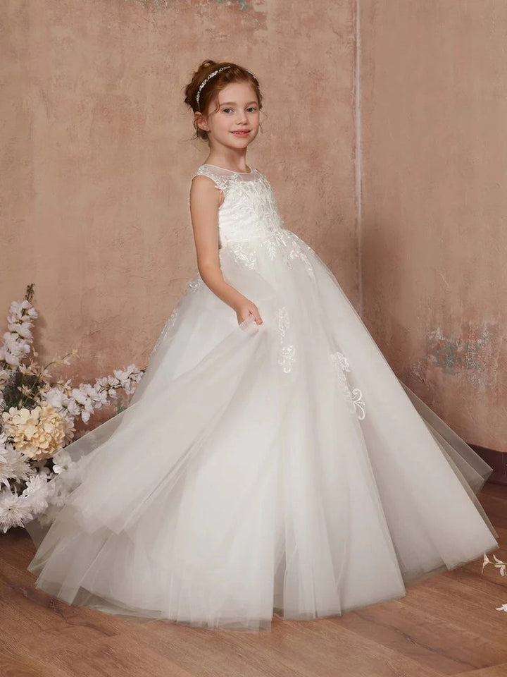 TinyTulle Elegant White Lace Applique Tulle Flower Girl Dress First Communion Dress