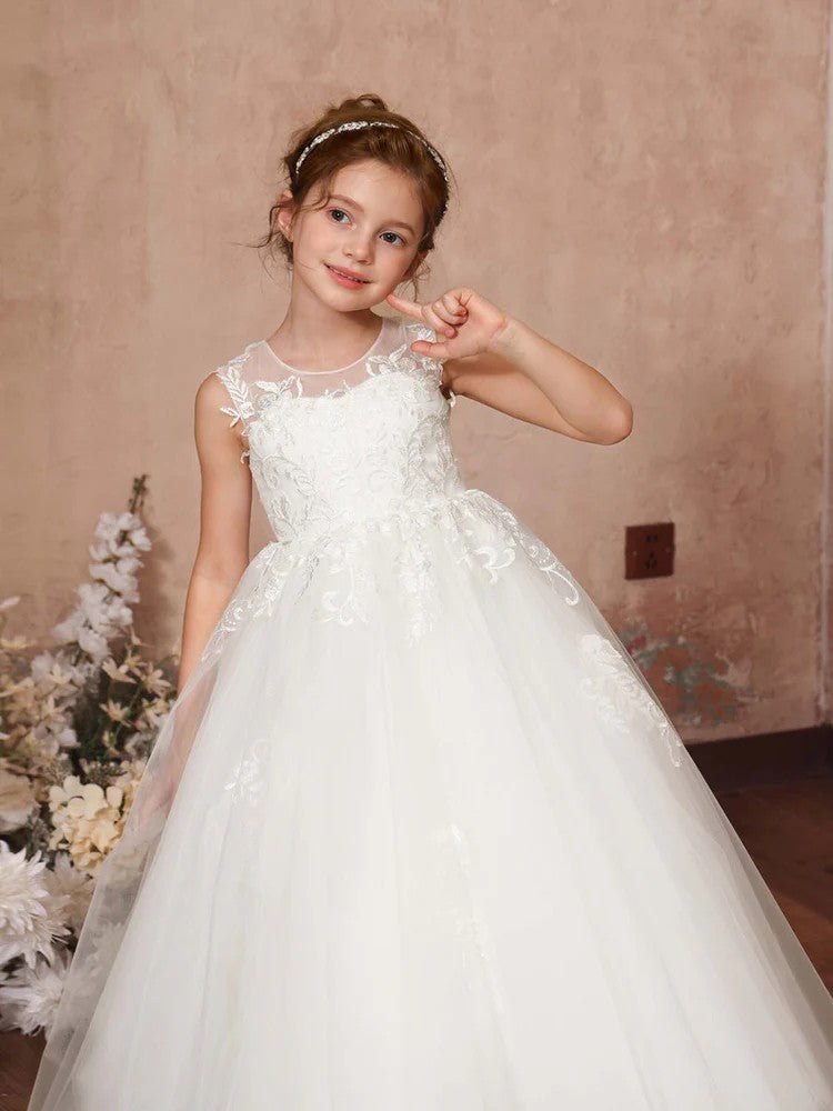 TinyTulle Elegant White Lace Applique Tulle Flower Girl Dress First Communion Dress