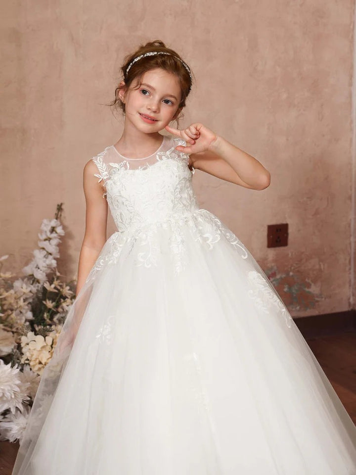 TinyTulle Elegant White Lace Applique Tulle Flower Girl Dress First Communion Dress