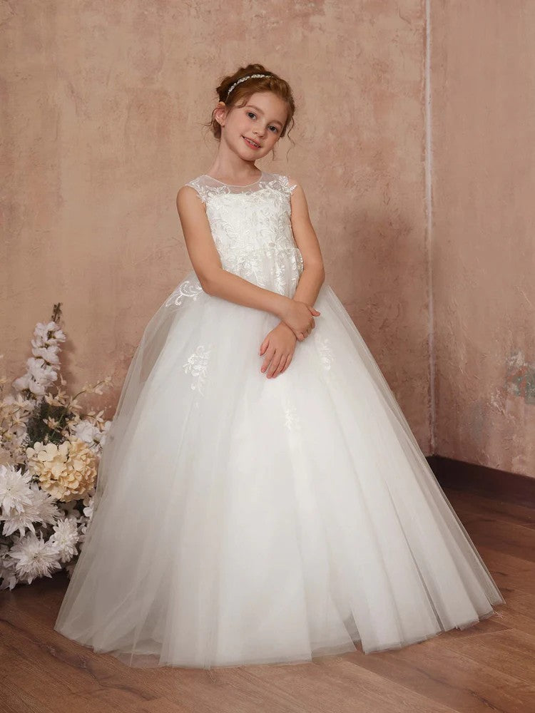 TinyTulle Elegant White Lace Applique Tulle Flower Girl Dress First Communion Dress