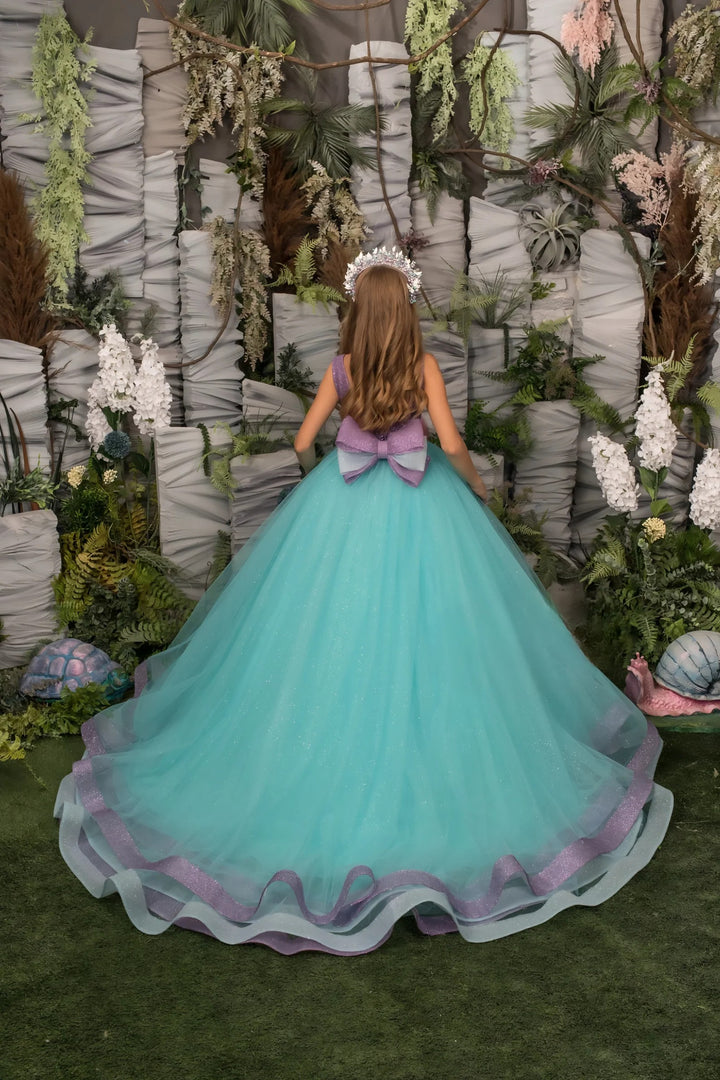 TinyTulle Purple and Mint Glitter Tulle Flower Girl Dress Pageant Gown with Bow