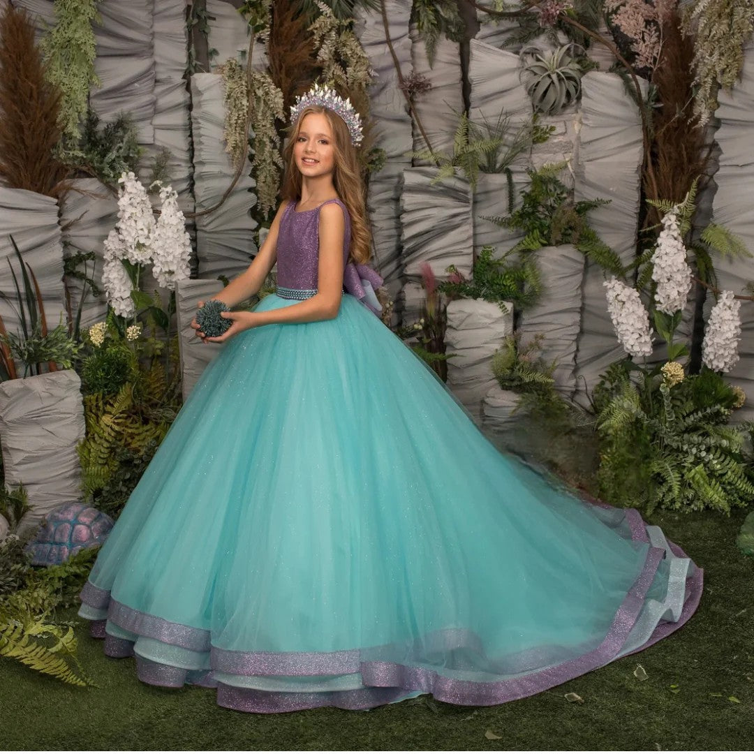 TinyTulle Purple and Mint Glitter Tulle Flower Girl Dress Pageant Gown with Bow