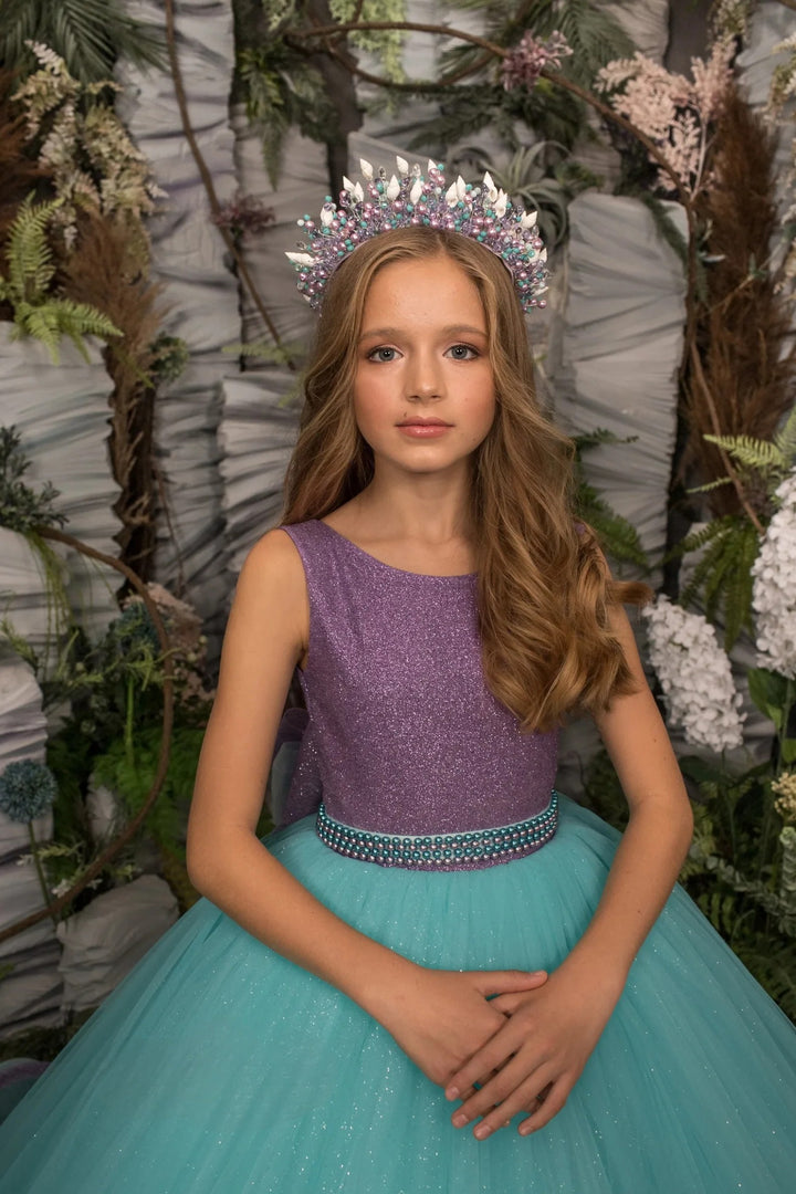 TinyTulle Purple and Mint Glitter Tulle Flower Girl Dress Pageant Gown with Bow