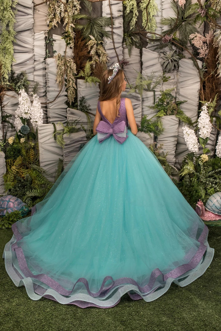 TinyTulle Purple and Mint Glitter Tulle Flower Girl Dress Pageant Gown with Bow