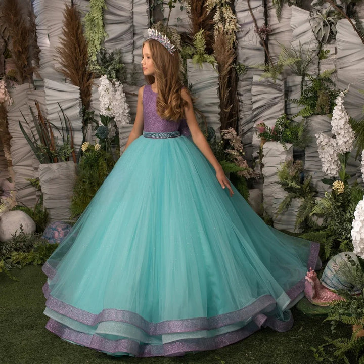 TinyTulle Purple and Mint Glitter Tulle Flower Girl Dress Pageant Gown with Bow