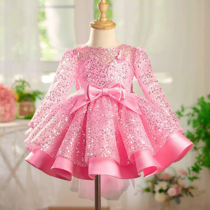 TinyTulle Long Sleeve Sequin Flower Girl Dress with 3D Floral Appliqués and Bow