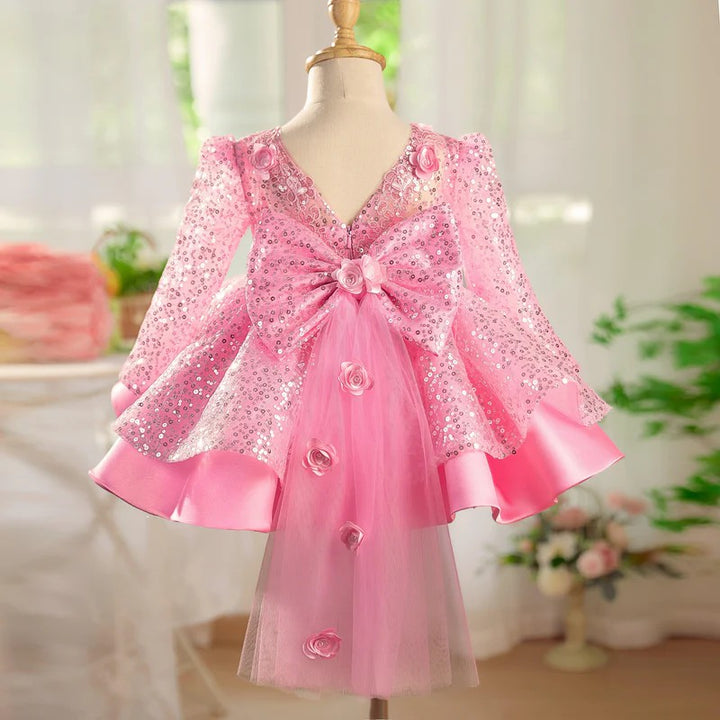 TinyTulle Long Sleeve Sequin Flower Girl Dress with 3D Floral Appliqués and Bow