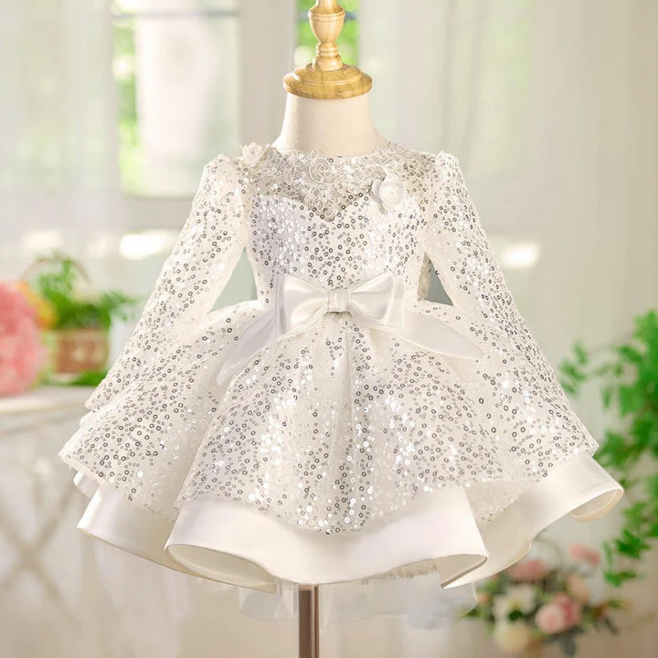 TinyTulle Long Sleeve Sequin Flower Girl Dress with 3D Floral Appliqués and Bow