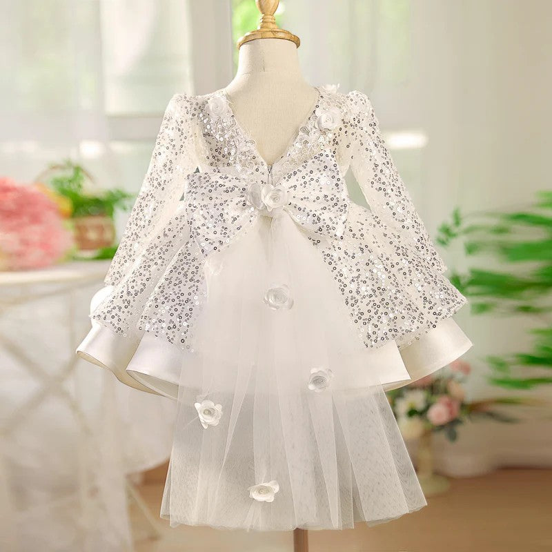 TinyTulle Long Sleeve Sequin Flower Girl Dress with 3D Floral Appliqués and Bow