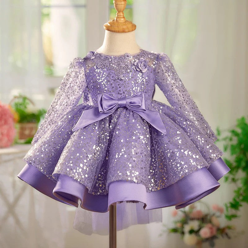 TinyTulle Long Sleeve Sequin Flower Girl Dress with 3D Floral Appliqués and Bow