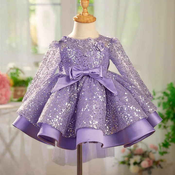 TinyTulle Long Sleeve Sequin Flower Girl Dress with 3D Floral Appliqués and Bow