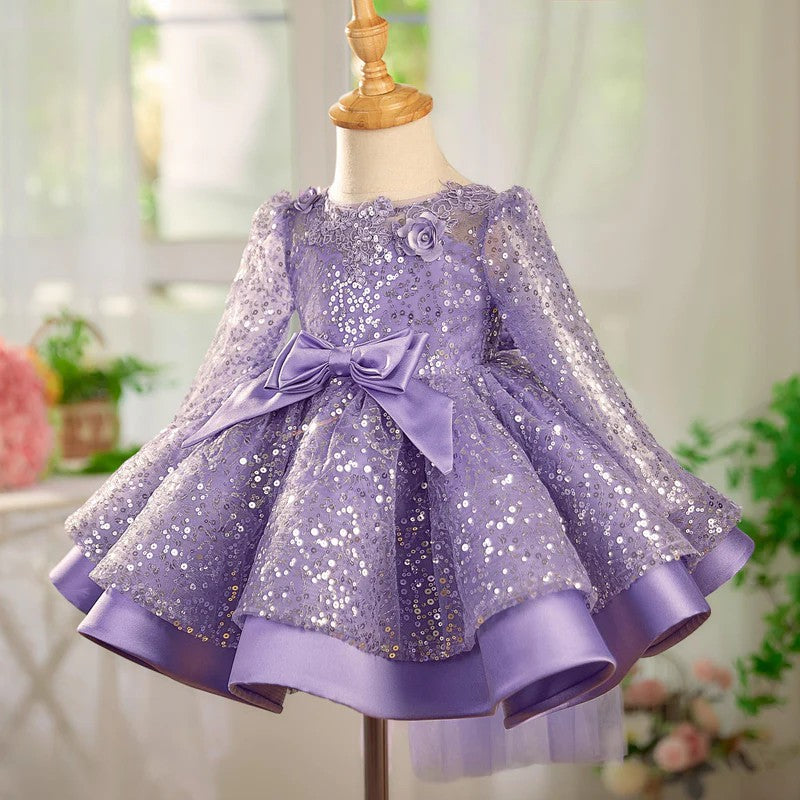 TinyTulle Long Sleeve Sequin Flower Girl Dress with 3D Floral Appliqués and Bow