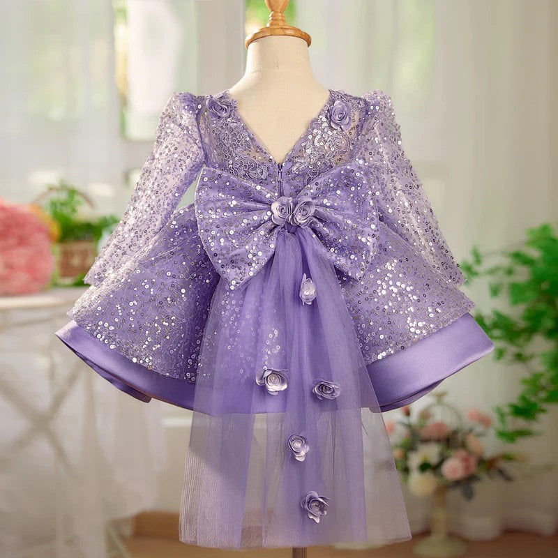 TinyTulle Long Sleeve Sequin Flower Girl Dress with 3D Floral Appliqués and Bow