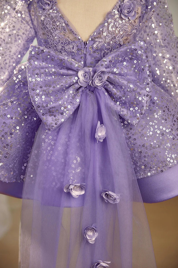 TinyTulle Long Sleeve Sequin Flower Girl Dress with 3D Floral Appliqués and Bow