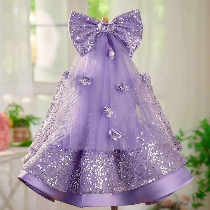 TinyTulle Long Sleeve Sequin Flower Girl Dress with 3D Floral Appliqués and Bow
