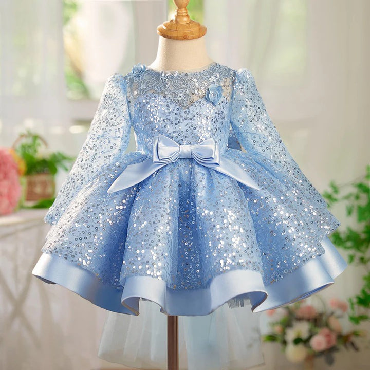 TinyTulle Long Sleeve Sequin Flower Girl Dress with 3D Floral Appliqués and Bow