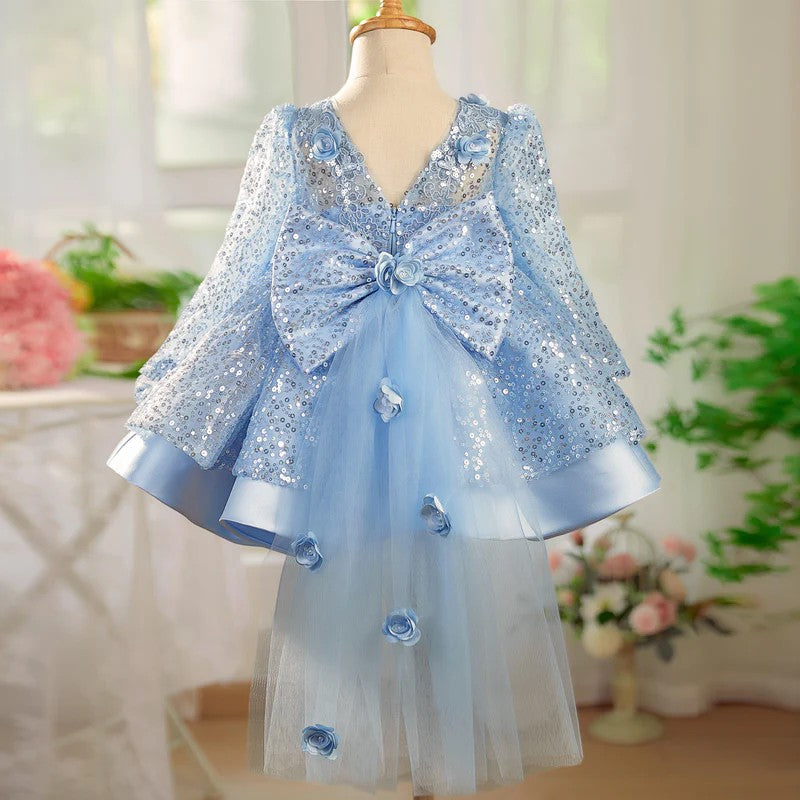 TinyTulle Long Sleeve Sequin Flower Girl Dress with 3D Floral Appliqués and Bow