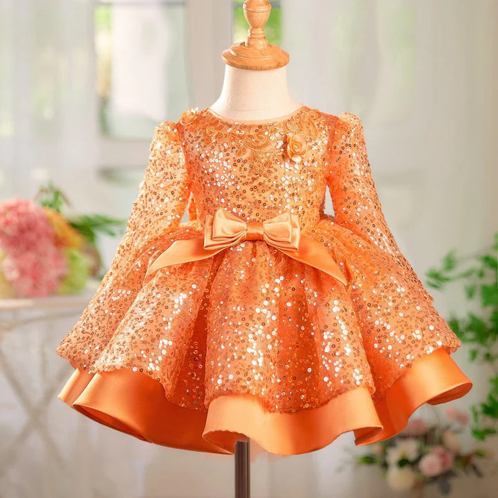 TinyTulle Long Sleeve Sequin Flower Girl Dress with 3D Floral Appliqués and Bow