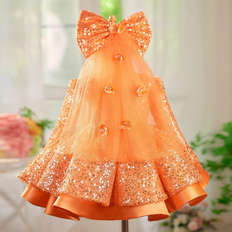 TinyTulle Long Sleeve Sequin Flower Girl Dress with 3D Floral Appliqués and Bow