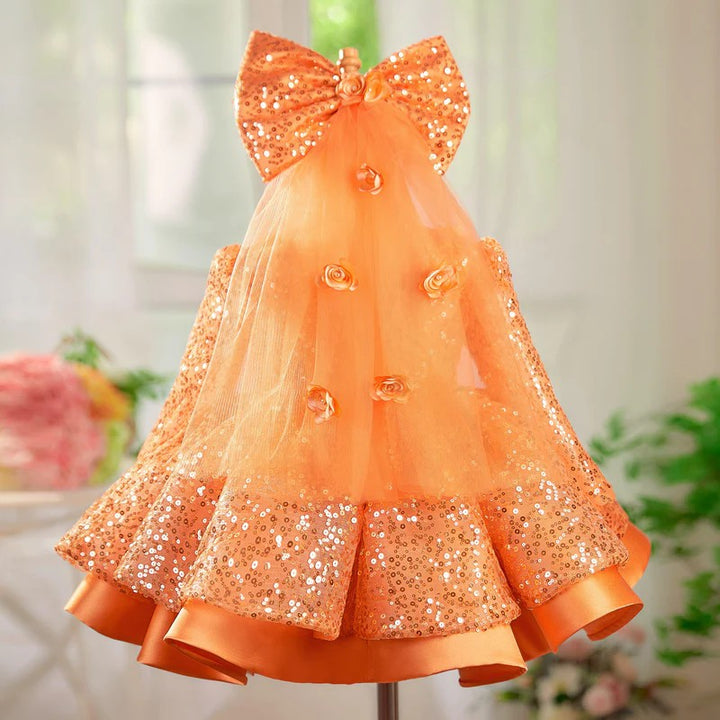 TinyTulle Long Sleeve Sequin Flower Girl Dress with 3D Floral Appliqués and Bow