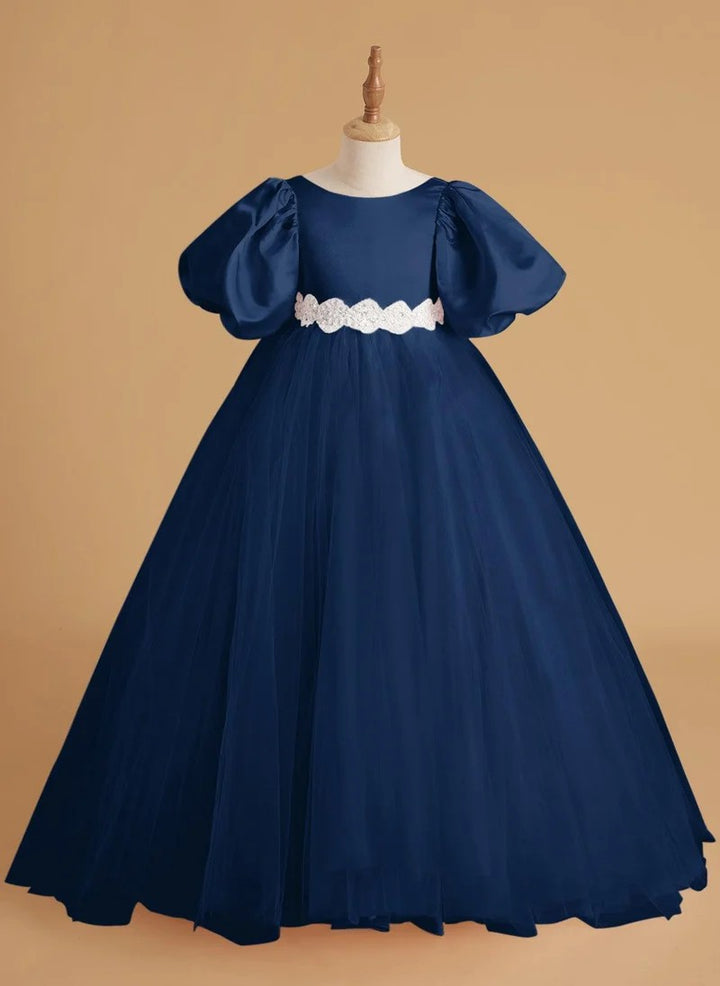 TinyTulle Elegant Satin &amp; Tulle Puff Sleeve Ball Gown with Beaded Waistband for First Communion &amp; Weddings
