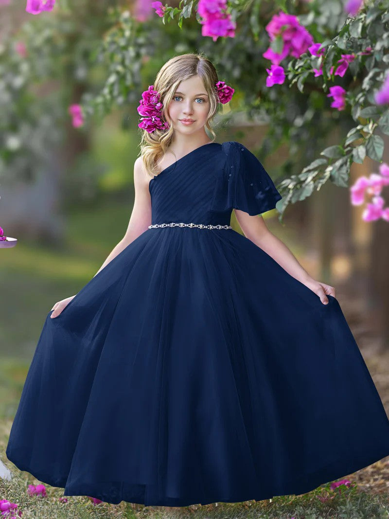 TinyTulle Romantic Lavender One-Shoulder Tulle A-Line Flower Girl Dress
