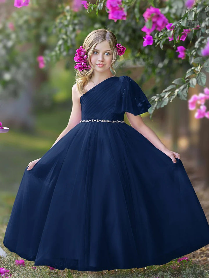 TinyTulle Romantic Lavender One-Shoulder Tulle A-Line Flower Girl Dress
