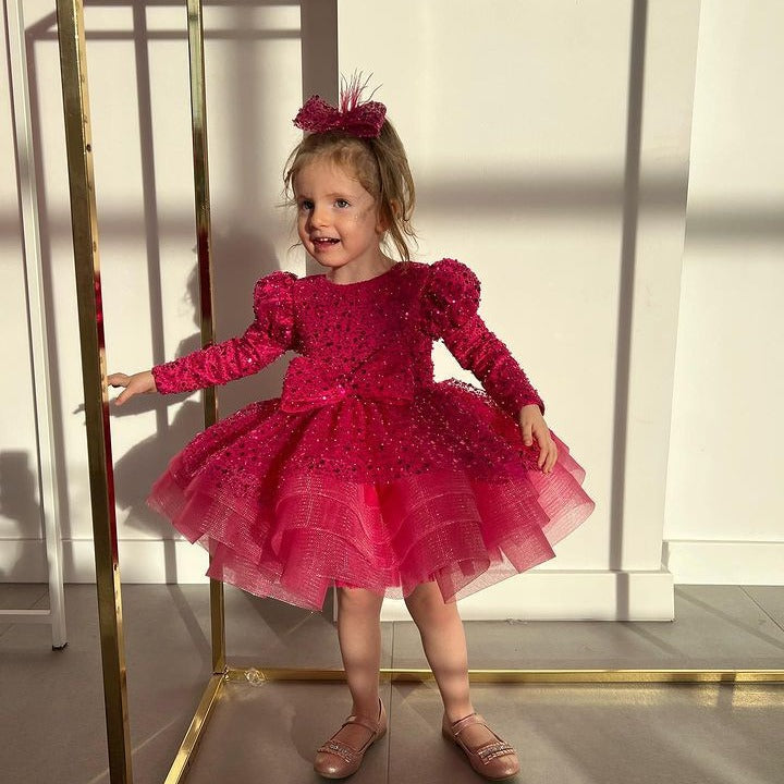 TinyTulle Sparkly Long Sleeve Sequin Flower Girl Dress Ball Gown for Birthday Parties