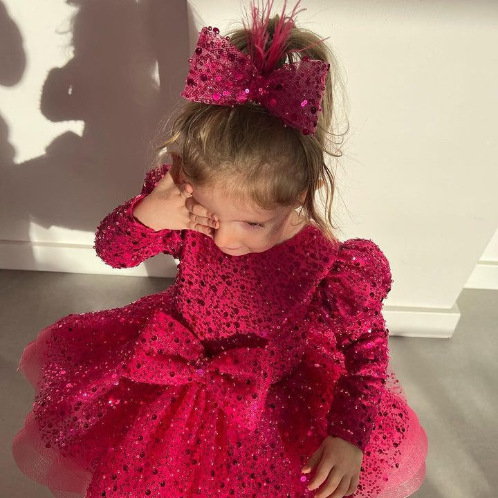 TinyTulle Sparkly Long Sleeve Sequin Flower Girl Dress Ball Gown for Birthday Parties
