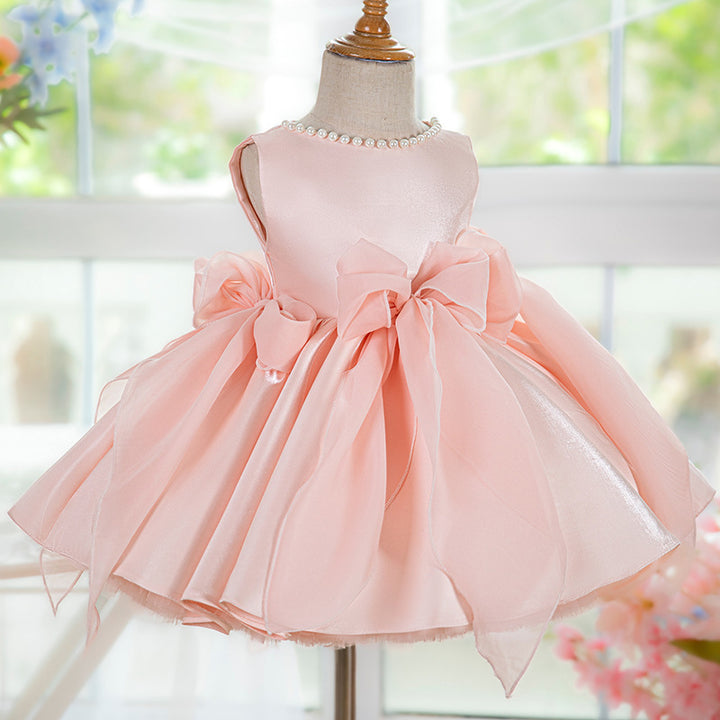 TinyTulle Blush Pink Satin Flower Girl Dress with Oversized Bows