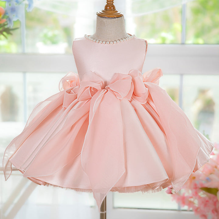 TinyTulle Blush Pink Satin Flower Girl Dress with Oversized Bows