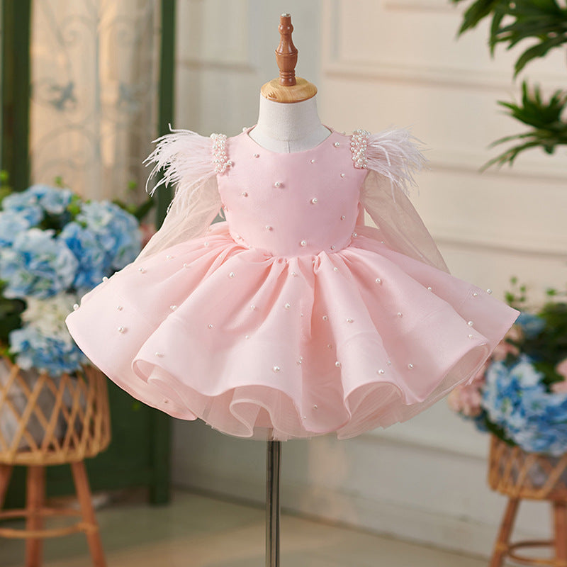 TinyTulle Pink Pearl Beaded Flower Girl Dress with Feather Sleeves