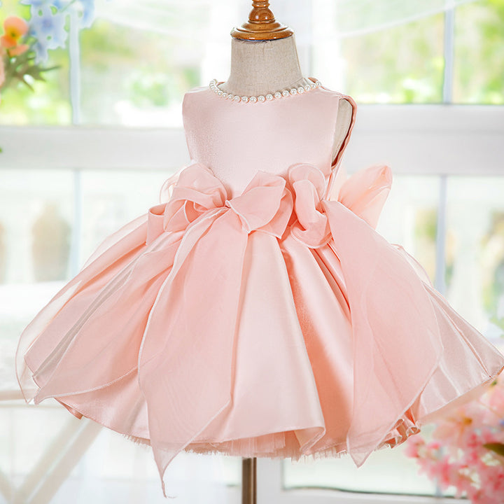 TinyTulle Blush Pink Satin Flower Girl Dress with Oversized Bows