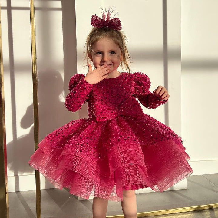 TinyTulle Sparkly Long Sleeve Sequin Flower Girl Dress Ball Gown for Birthday Parties