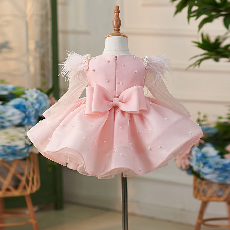 TinyTulle Pink Pearl Beaded Flower Girl Dress with Feather Sleeves