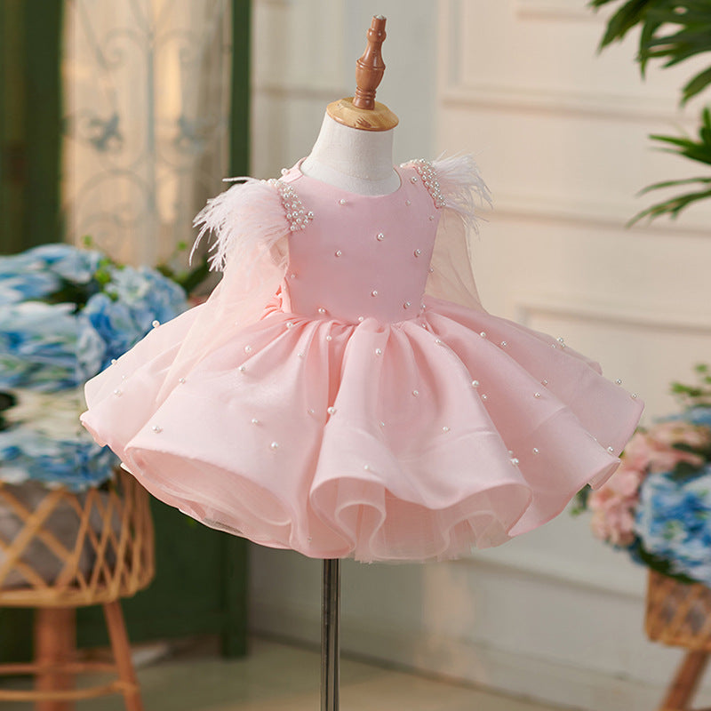 TinyTulle Pink Pearl Beaded Flower Girl Dress with Feather Sleeves
