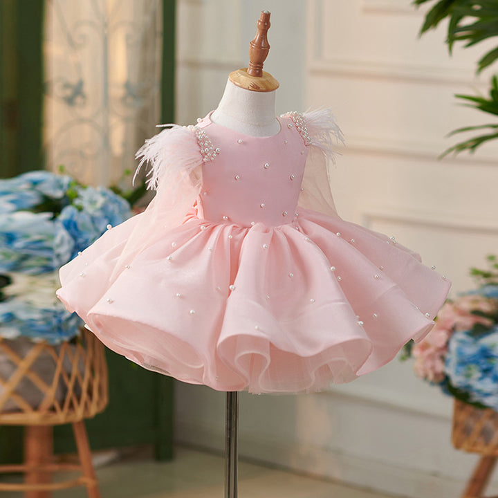 TinyTulle Pink Pearl Beaded Flower Girl Dress with Feather Sleeves