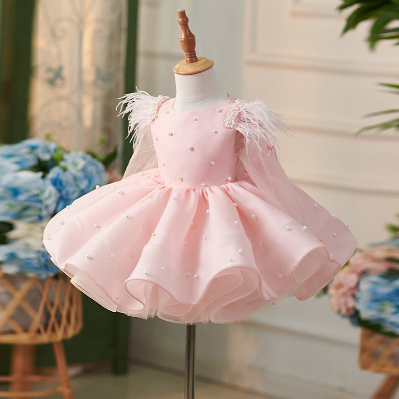TinyTulle Pink Pearl Beaded Flower Girl Dress with Feather Sleeves
