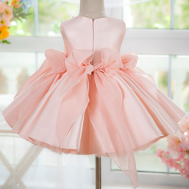 TinyTulle Blush Pink Satin Flower Girl Dress with Oversized Bows