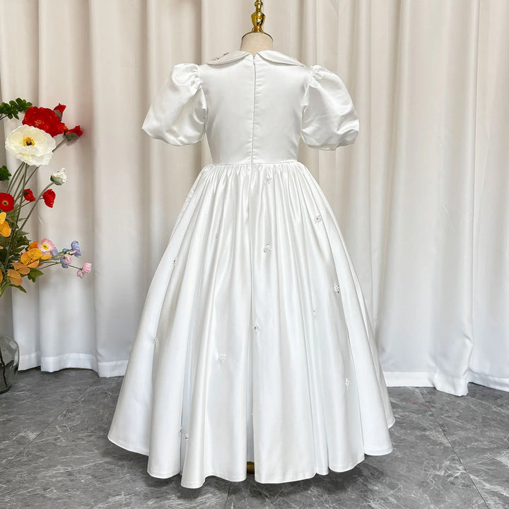 TinyTulle Elegant White Satin Puff Sleeve Ankle-Length Princess Flower Girl Dress